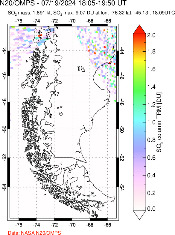 A sulfur dioxide image over Southern Chile on Jul 19, 2024.