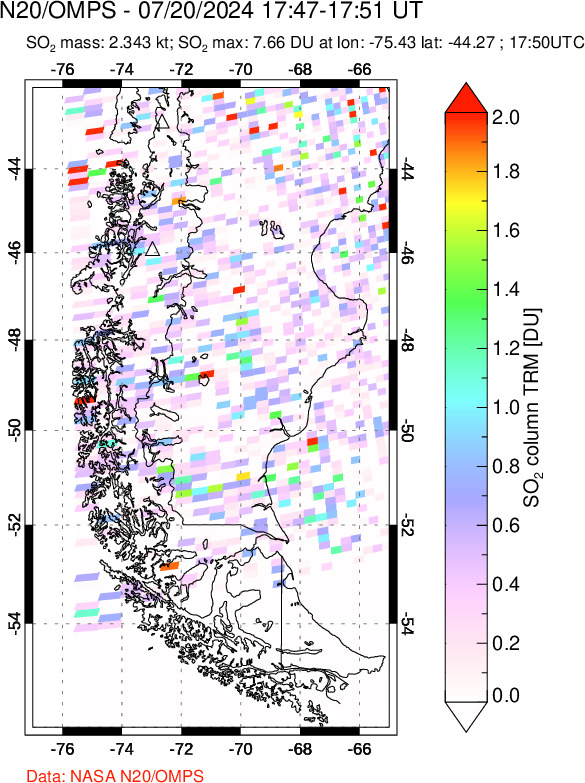 A sulfur dioxide image over Southern Chile on Jul 20, 2024.