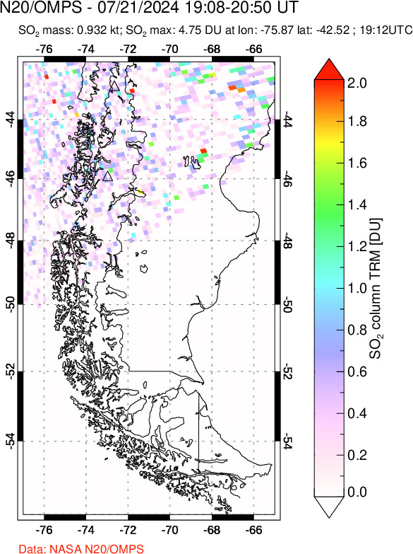 A sulfur dioxide image over Southern Chile on Jul 21, 2024.