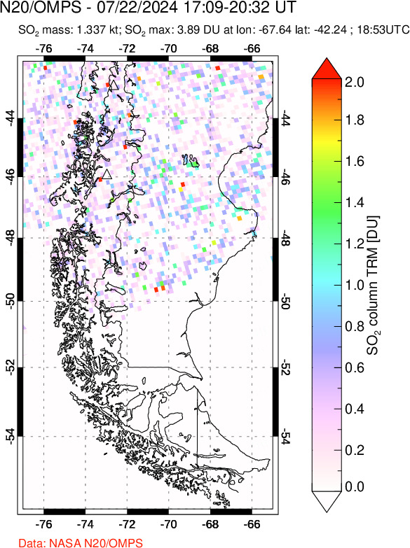 A sulfur dioxide image over Southern Chile on Jul 22, 2024.