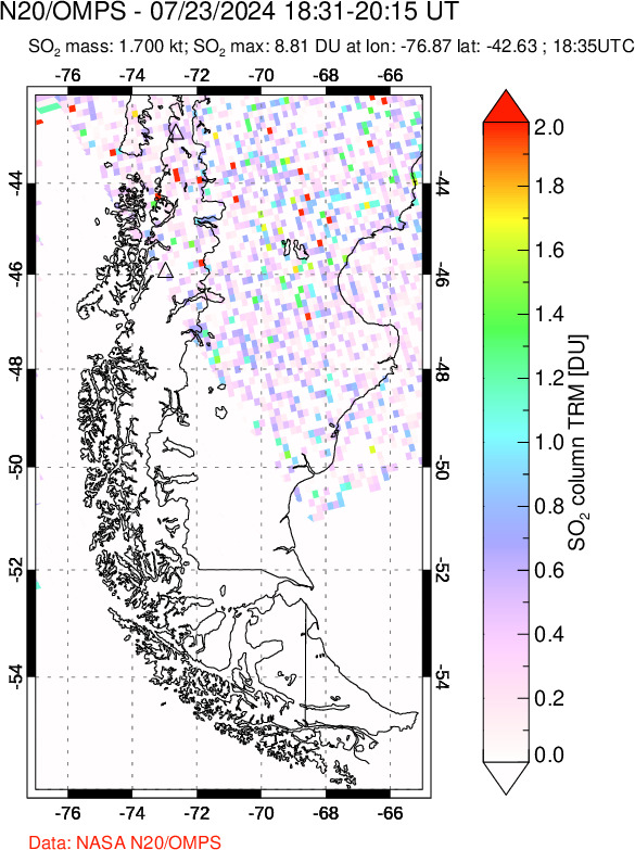 A sulfur dioxide image over Southern Chile on Jul 23, 2024.