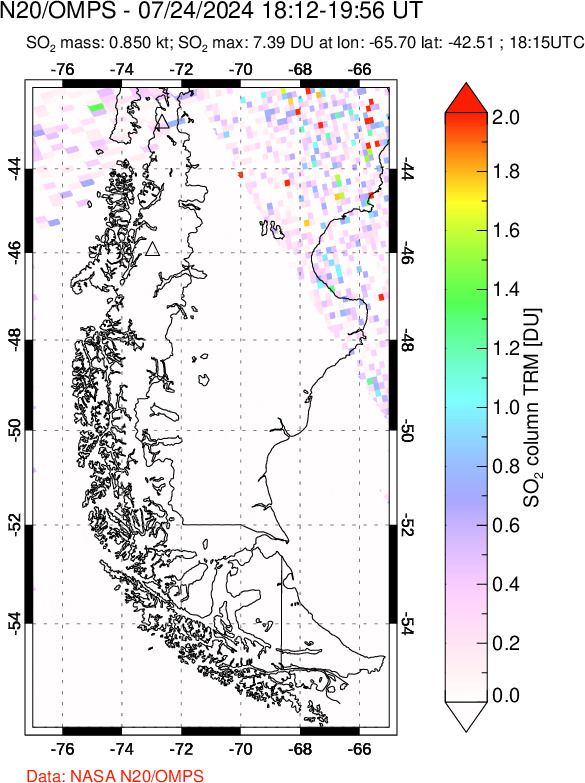 A sulfur dioxide image over Southern Chile on Jul 24, 2024.