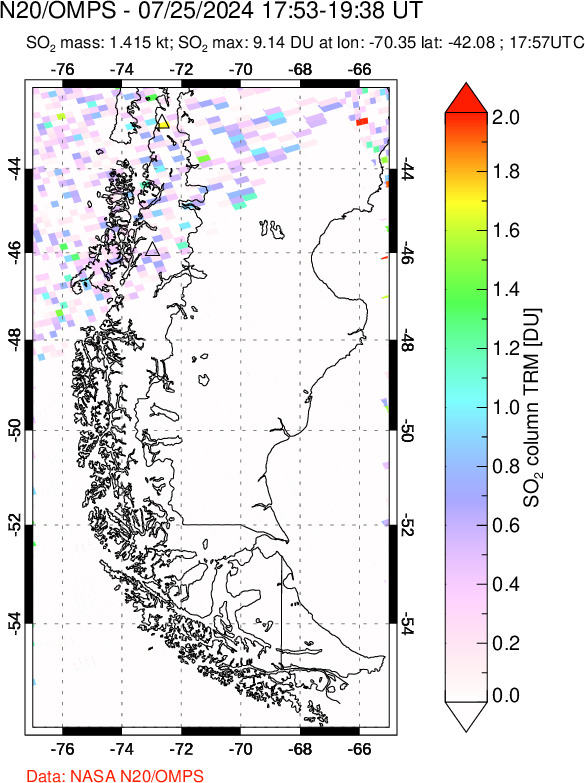 A sulfur dioxide image over Southern Chile on Jul 25, 2024.