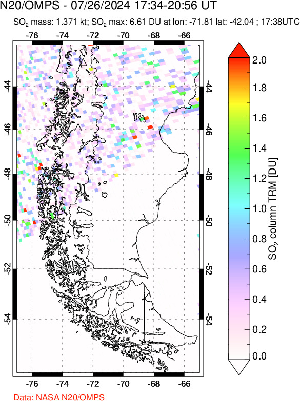 A sulfur dioxide image over Southern Chile on Jul 26, 2024.