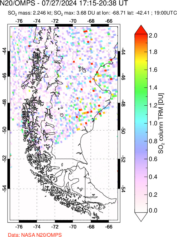 A sulfur dioxide image over Southern Chile on Jul 27, 2024.