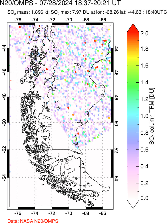 A sulfur dioxide image over Southern Chile on Jul 28, 2024.