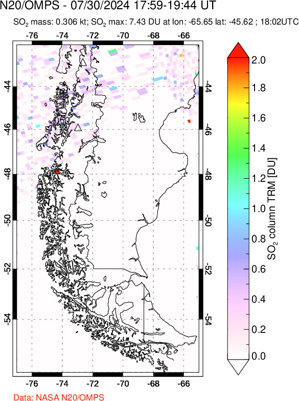 A sulfur dioxide image over Southern Chile on Jul 30, 2024.