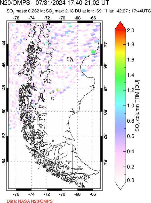 A sulfur dioxide image over Southern Chile on Jul 31, 2024.