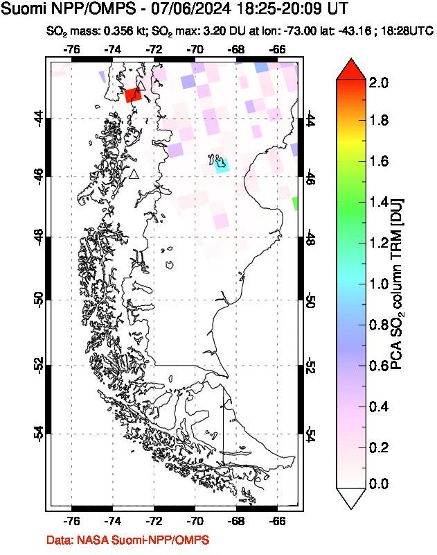 A sulfur dioxide image over Southern Chile on Jul 06, 2024.