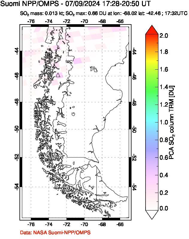 A sulfur dioxide image over Southern Chile on Jul 09, 2024.