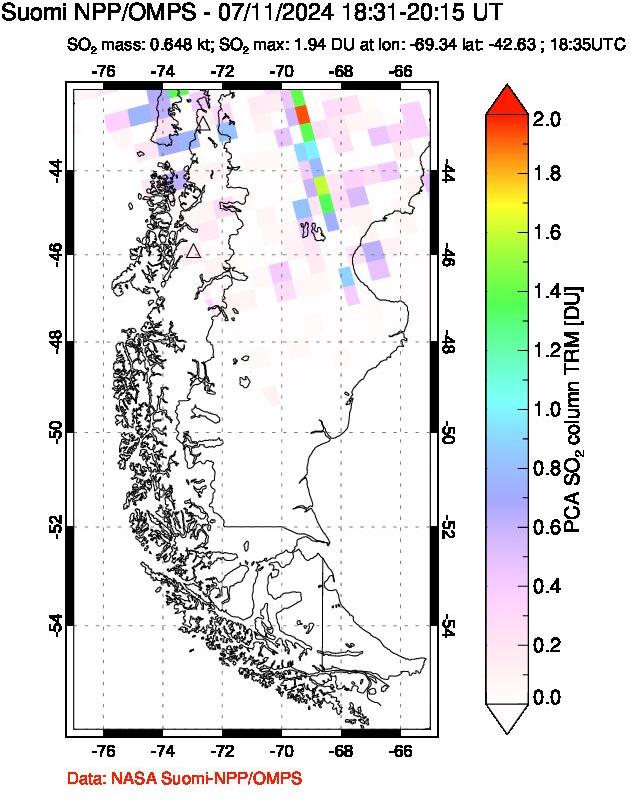 A sulfur dioxide image over Southern Chile on Jul 11, 2024.