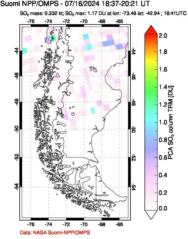 A sulfur dioxide image over Southern Chile on Jul 16, 2024.