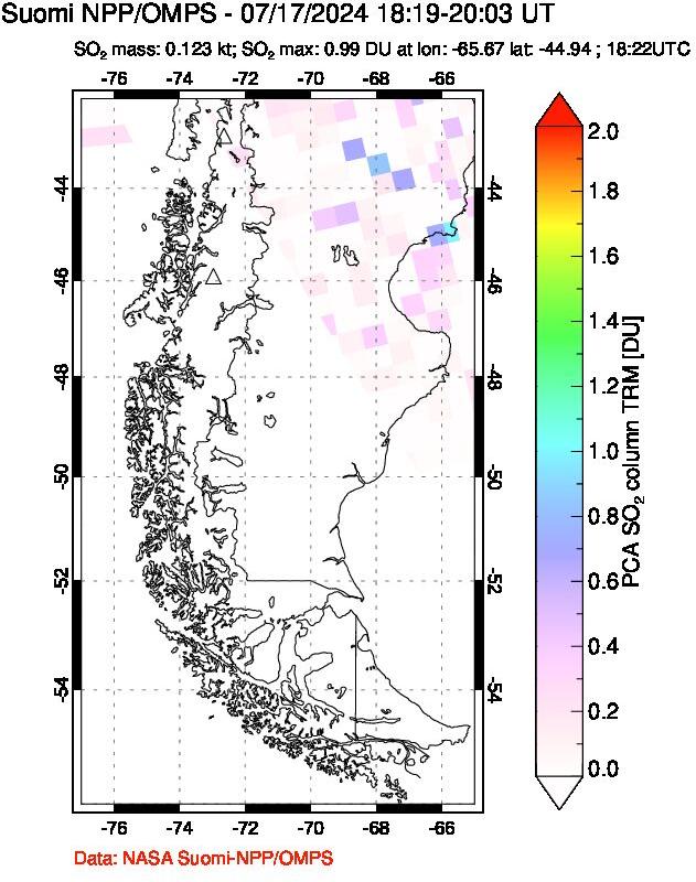 A sulfur dioxide image over Southern Chile on Jul 17, 2024.