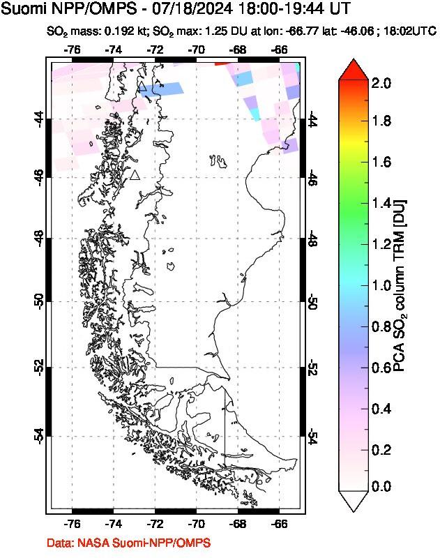 A sulfur dioxide image over Southern Chile on Jul 18, 2024.