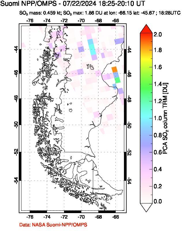 A sulfur dioxide image over Southern Chile on Jul 22, 2024.