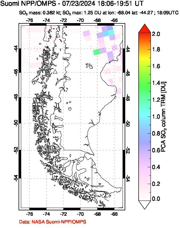 A sulfur dioxide image over Southern Chile on Jul 23, 2024.