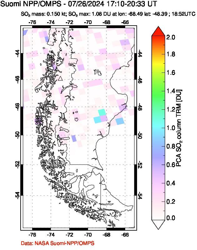 A sulfur dioxide image over Southern Chile on Jul 26, 2024.