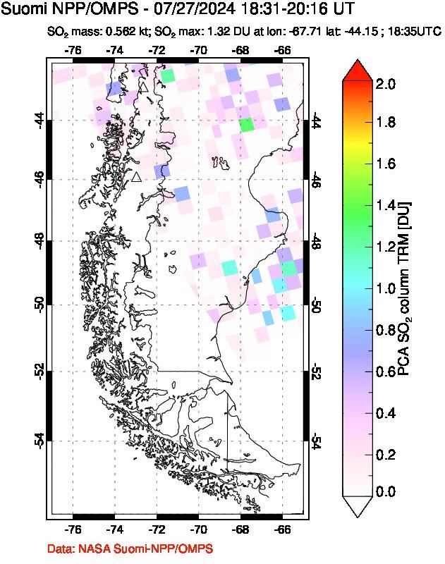 A sulfur dioxide image over Southern Chile on Jul 27, 2024.