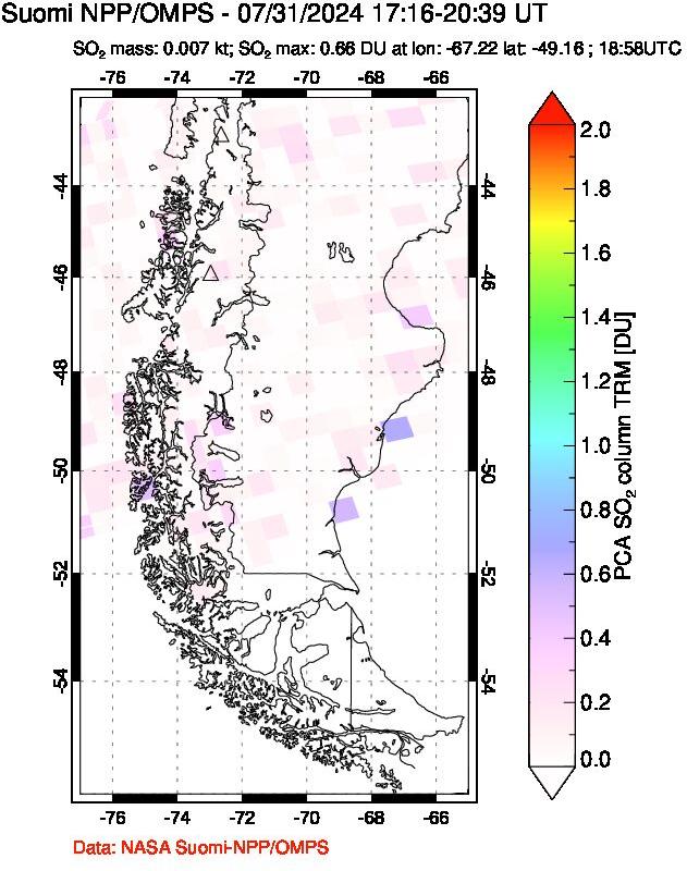 A sulfur dioxide image over Southern Chile on Jul 31, 2024.