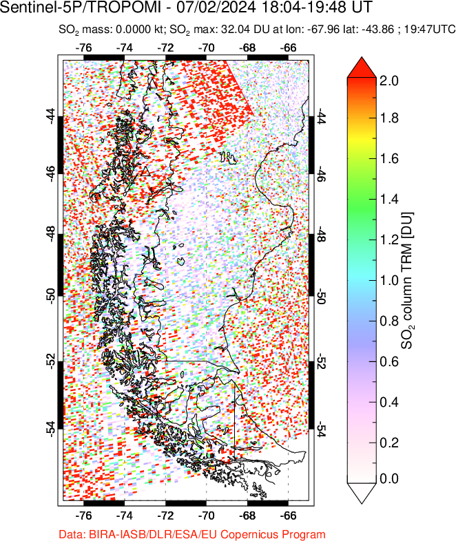 A sulfur dioxide image over Southern Chile on Jul 02, 2024.