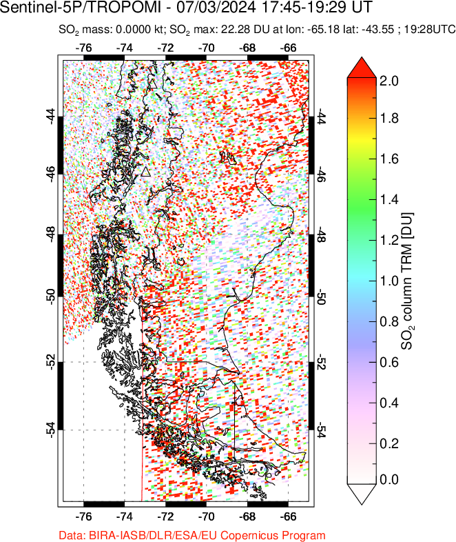 A sulfur dioxide image over Southern Chile on Jul 03, 2024.