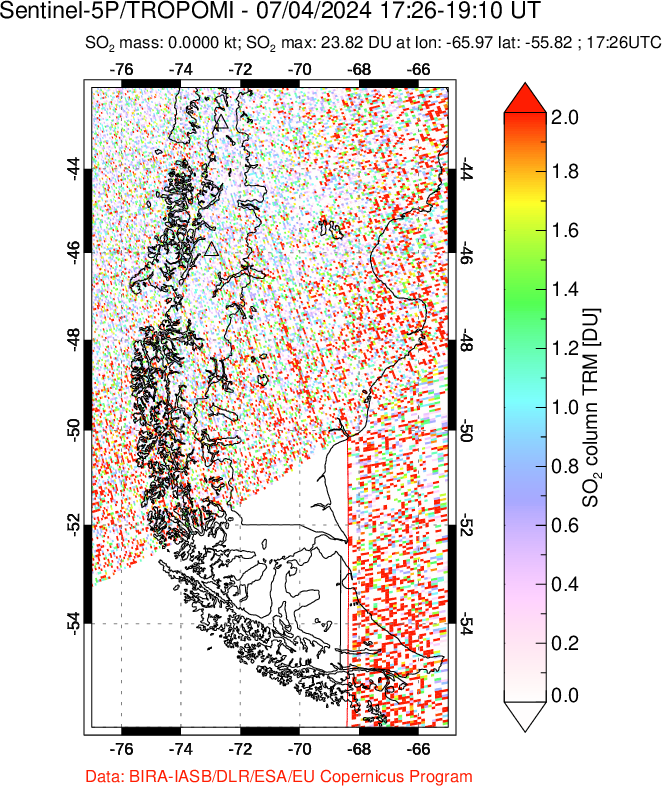 A sulfur dioxide image over Southern Chile on Jul 04, 2024.