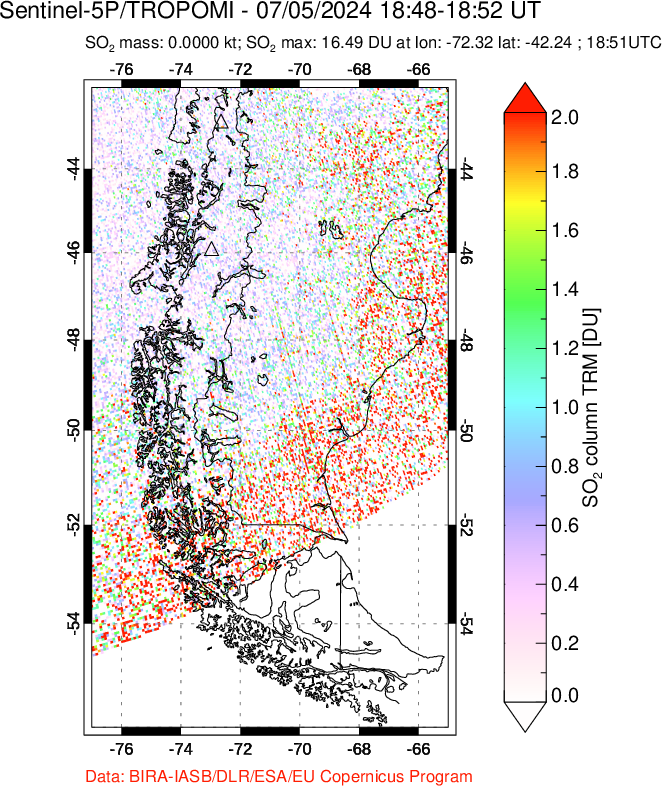 A sulfur dioxide image over Southern Chile on Jul 05, 2024.