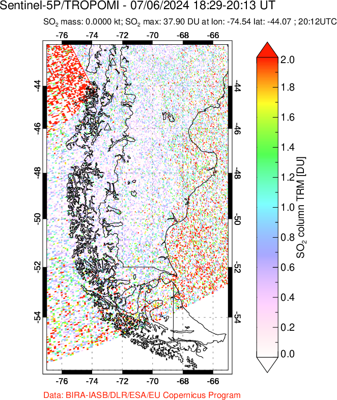 A sulfur dioxide image over Southern Chile on Jul 06, 2024.