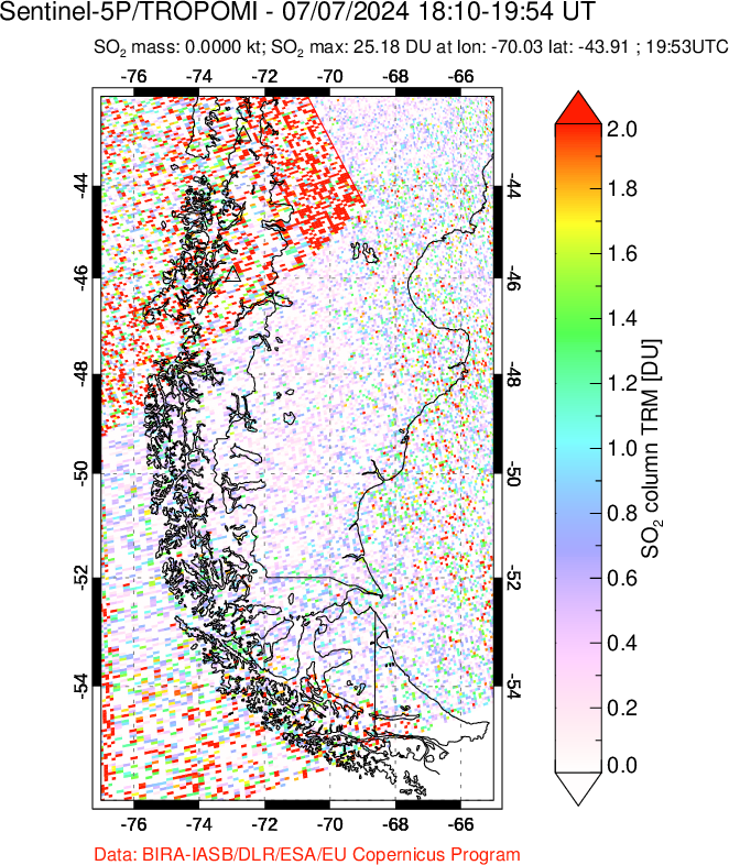 A sulfur dioxide image over Southern Chile on Jul 07, 2024.