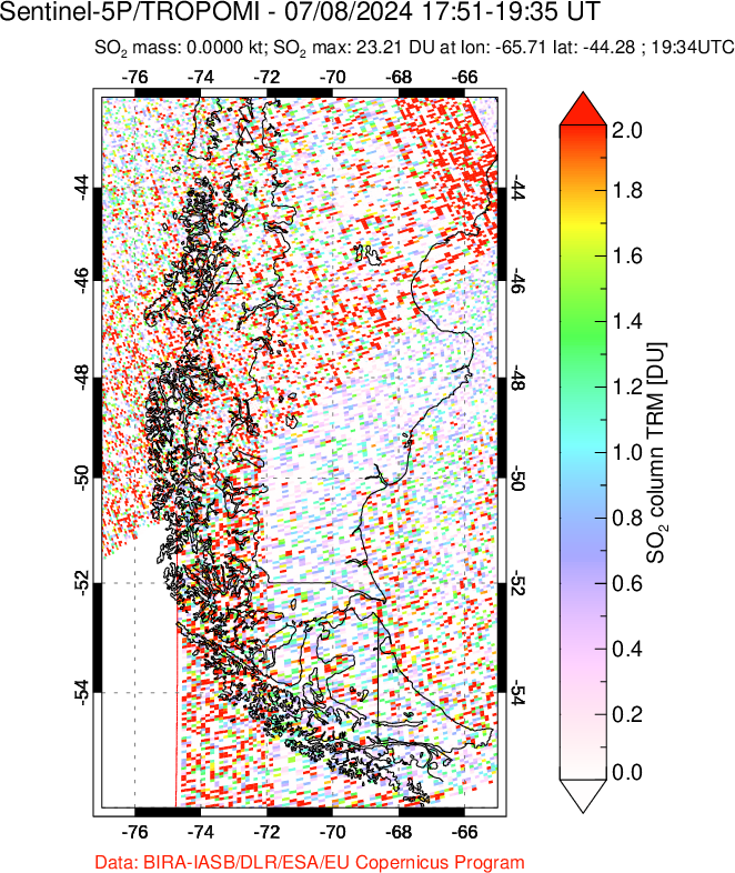 A sulfur dioxide image over Southern Chile on Jul 08, 2024.