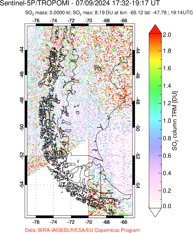 A sulfur dioxide image over Southern Chile on Jul 09, 2024.