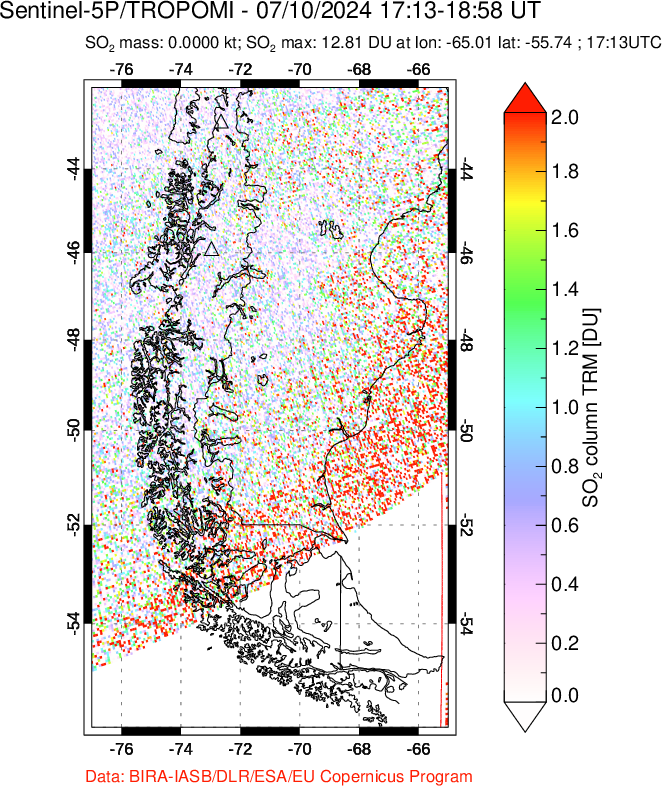 A sulfur dioxide image over Southern Chile on Jul 10, 2024.