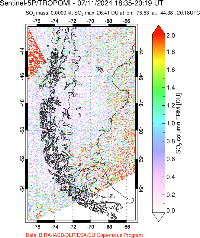 A sulfur dioxide image over Southern Chile on Jul 11, 2024.