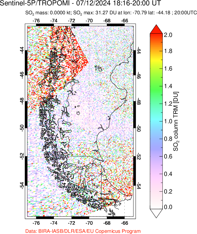 A sulfur dioxide image over Southern Chile on Jul 12, 2024.