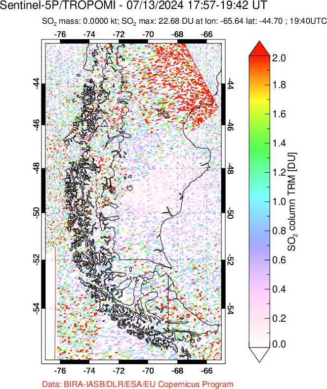 A sulfur dioxide image over Southern Chile on Jul 13, 2024.