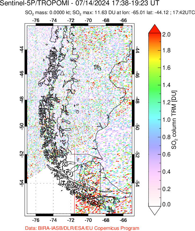 A sulfur dioxide image over Southern Chile on Jul 14, 2024.