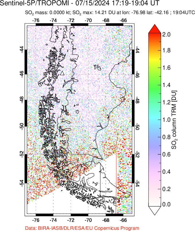 A sulfur dioxide image over Southern Chile on Jul 15, 2024.