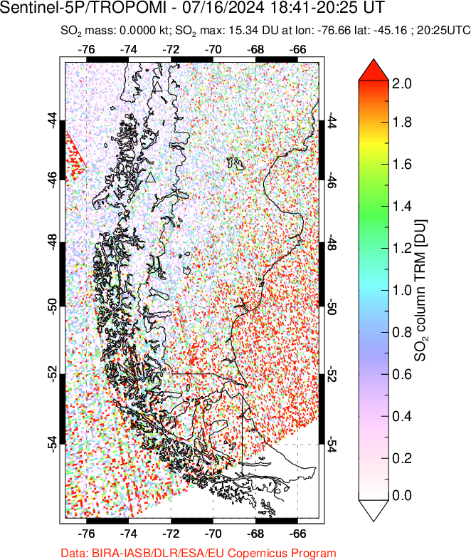 A sulfur dioxide image over Southern Chile on Jul 16, 2024.