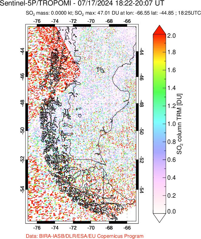 A sulfur dioxide image over Southern Chile on Jul 17, 2024.