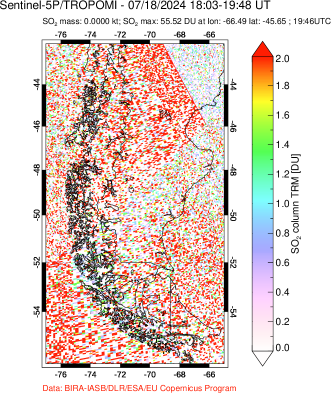 A sulfur dioxide image over Southern Chile on Jul 18, 2024.