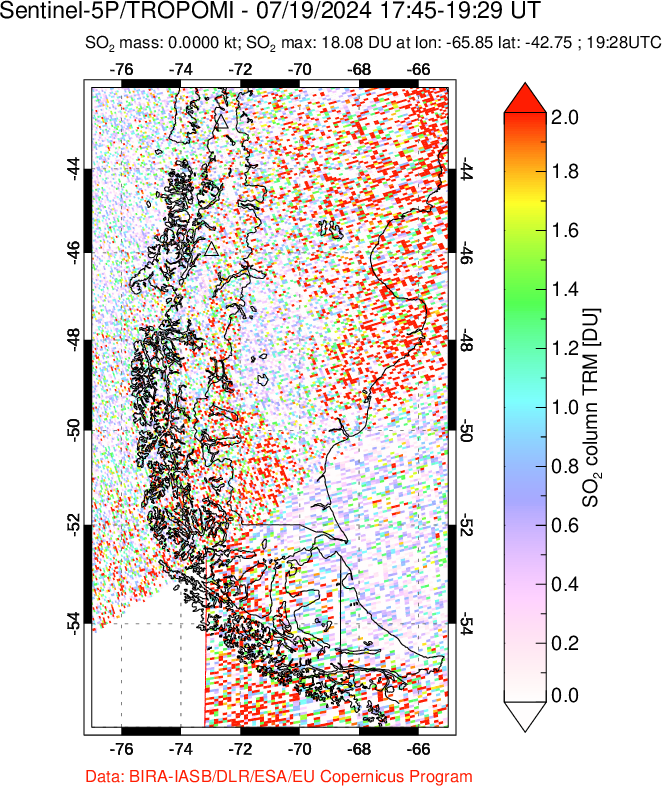 A sulfur dioxide image over Southern Chile on Jul 19, 2024.