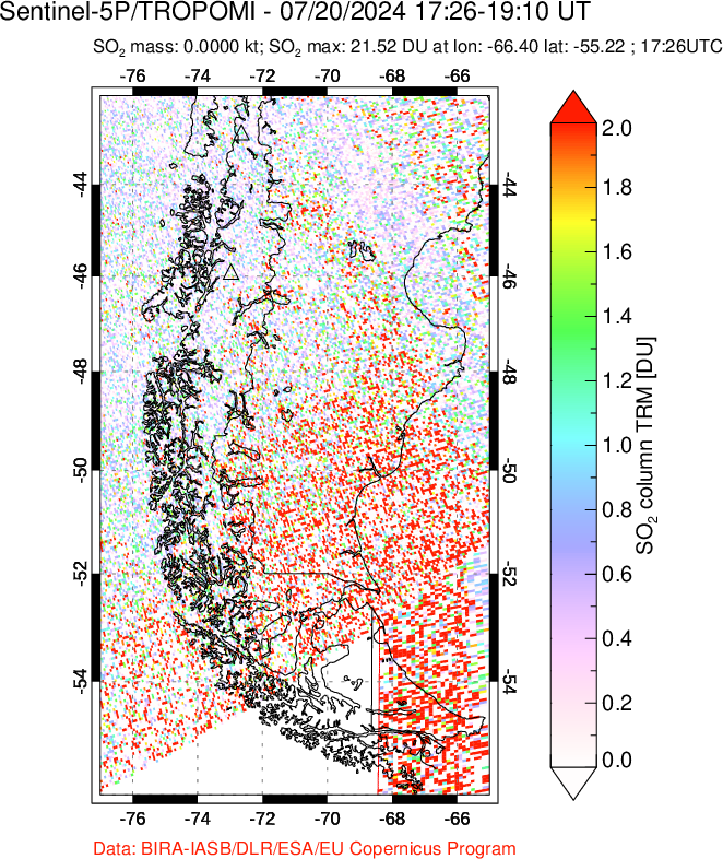 A sulfur dioxide image over Southern Chile on Jul 20, 2024.