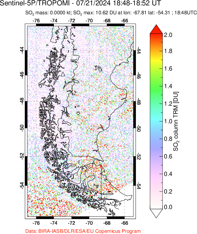 A sulfur dioxide image over Southern Chile on Jul 21, 2024.