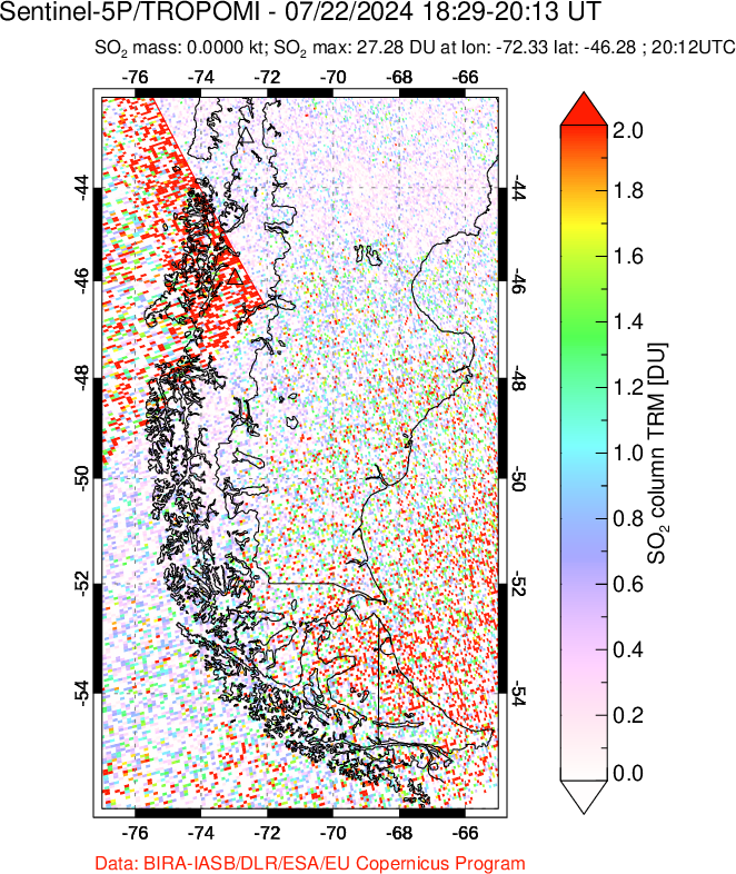 A sulfur dioxide image over Southern Chile on Jul 22, 2024.