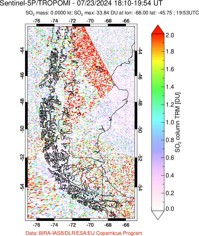 A sulfur dioxide image over Southern Chile on Jul 23, 2024.