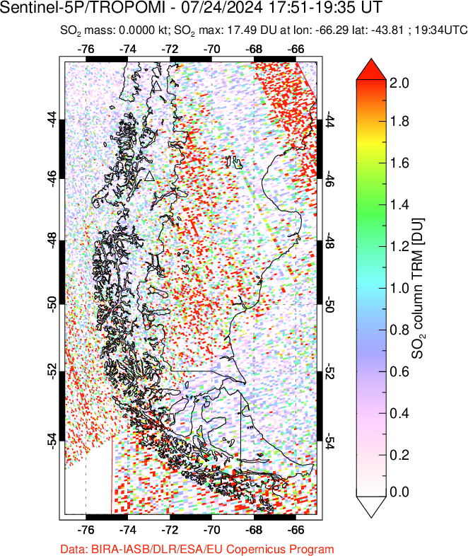 A sulfur dioxide image over Southern Chile on Jul 24, 2024.