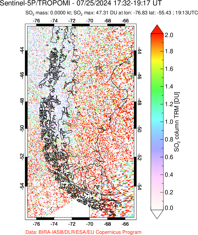 A sulfur dioxide image over Southern Chile on Jul 25, 2024.