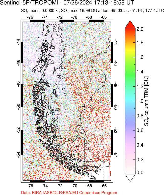 A sulfur dioxide image over Southern Chile on Jul 26, 2024.