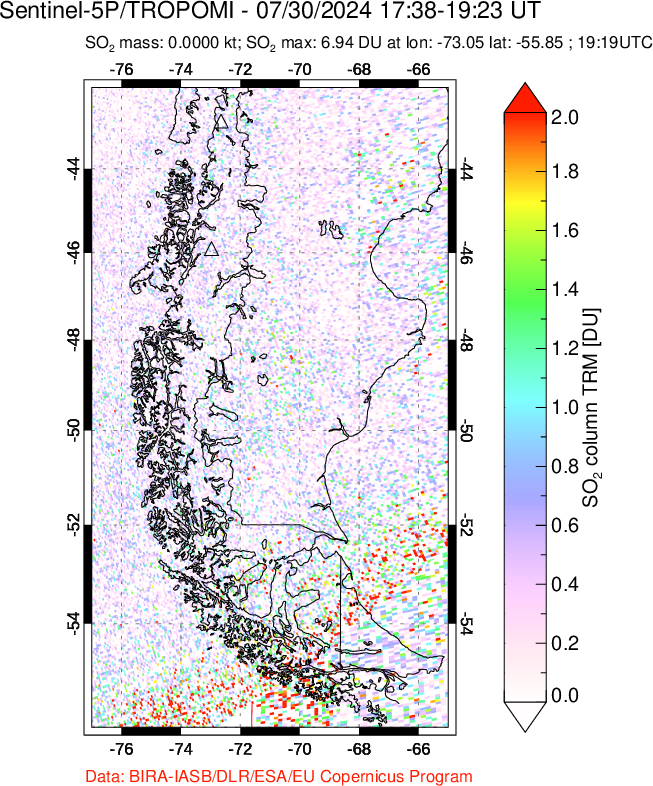 A sulfur dioxide image over Southern Chile on Jul 30, 2024.