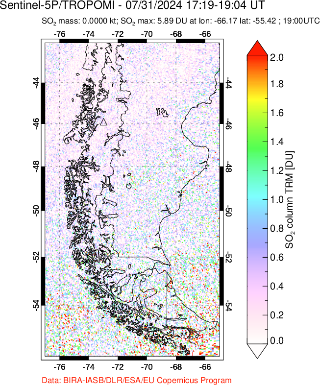 A sulfur dioxide image over Southern Chile on Jul 31, 2024.